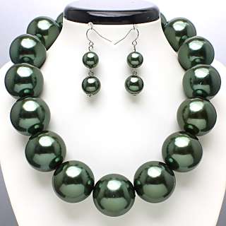Rhodium Olive Green Round Pearl Earrings Necklace Set  