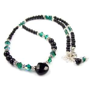  Black Onyx Beaded Gemstone Necklace w/ Emerald Crystals in 