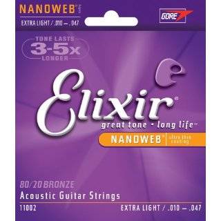 Elixir Strings Acoustic Guitar Strings, 6 String, Extra Light NANOWEB 
