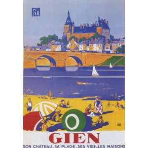  GIEN LOIRE RIVER BEACH SAILBOAT FRANCE FRENCH FRENCH 14 X 