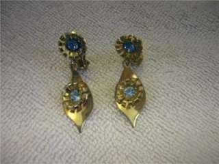 Vintage Blue Topaz Rhinestone Dangle Clip Earrings  