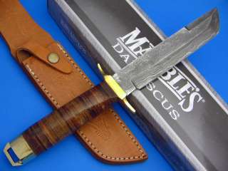 Marbles Tanto Damascus Steel Fixed Blade Stacked Leather Handle Knife 