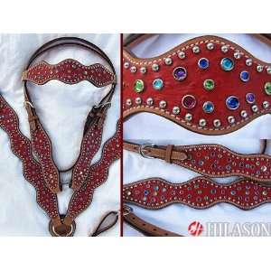   Painted Leather Horse Bridle And Breast Collar Set
