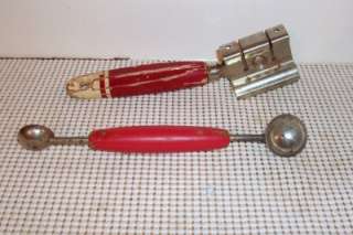 Vintage Red Handled Knife Sharpener & Melon Baller  