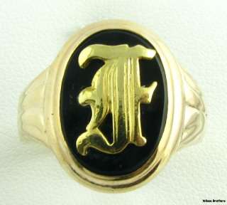 Mens Genuine Black Onyx Initial F Ring   10k Solid Yellow Gold 