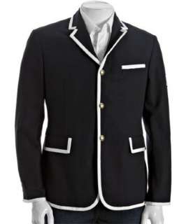 Moncler navy canvas piped 3 snap front blazer  