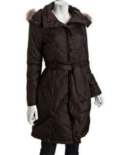 Marc New York chocolate quilted coyote trim hooded belted down jacket 