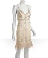 Sue Wong champagne beaded and jeweled ostrich feather trim dress style 