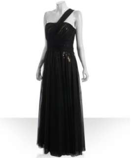 Theia gold sequin black mesh one shoulder evening gown   up to 