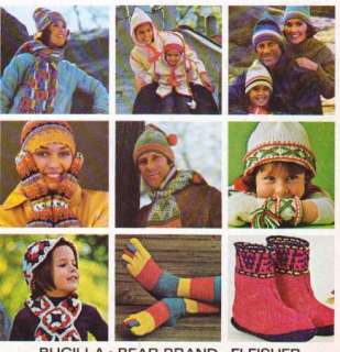 Vtg WINTER SCENE Knit & Crochet PATTERN Book Hats Mittens Slippers 