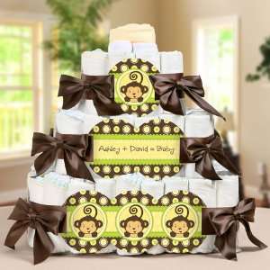   Monkey Neutral   3 Tier Personalized Square   Baby Shower Diaper Cake