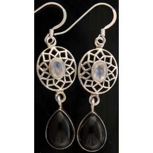 Faceted Rainbow Moonstone Earrings with Black Onyx   Sterling Silver