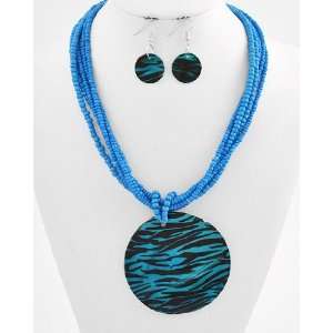  Silver tone Teal Seed Beads Blue Shell Multi Strand Pendant Necklace 