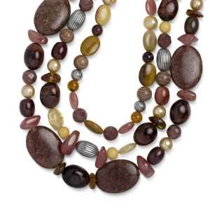   Silver Multi Gemstone Triple Strand Spicy Reds Beaded Necklace