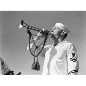  Navy Uniform Wearing White Uniform, Blowing Bugle 