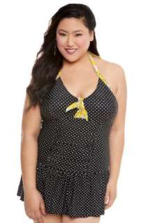   Size Black and Yellow One Piece Halter Swimsuit with Skirt Clothing