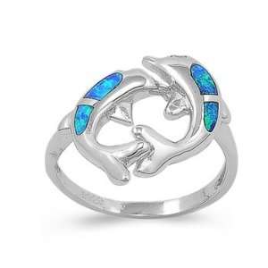 Sterling Silver Ring in Lab Opal   Dolphin   Ring Face Height 19mm 