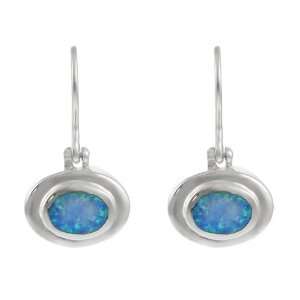    Sterling Silver Oval with Blue Opal Center Earrings Jewelry