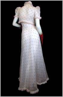 RED DOTS Vintage 30s 40s WHITE ORGANZA Wedding Party Dress Bolero Set 