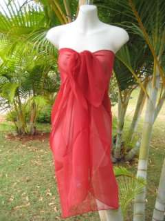 Sheer Sarong SOLID RED Beach Cover up Hawaii Cruise Pareo Scarf Wrap 