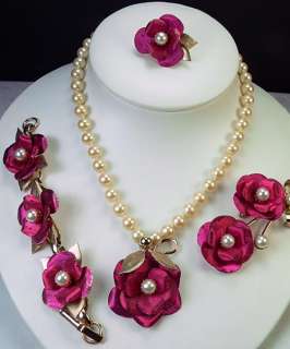   Jewelry Pearls Set, Red Rose Pendant, Bracelet, Pin, Earring  