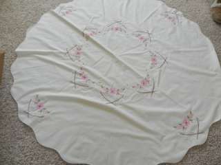 Off White 56 Round Vintage Tablecloth Table Linen Hand Embroidered 