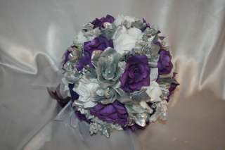   Silver Round Silk Flower Wedding Bridal Bouquet Package 21pcs  