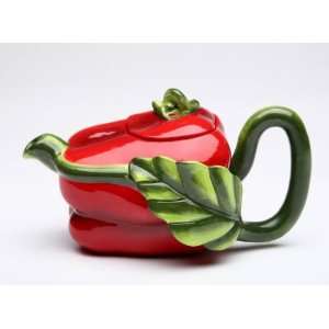   Ceramic Dark Red Pepper Teapot With Green Stem Handle