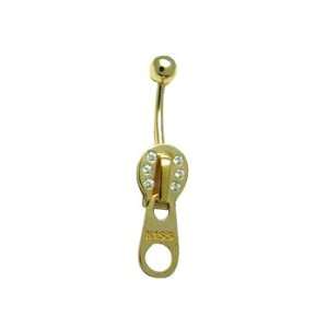    Solid 14KT Yellow GOLD CZ Paved KISS ZIPPER Belly Ring Jewelry