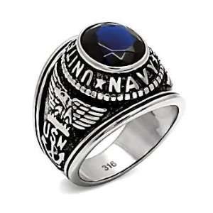 Military Service Ring   Mens 316L Stainless Steel US Navy Sapphire Ice 