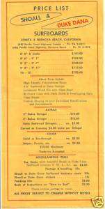 Vintage Surfboards shoall price list surfboard 1960s  