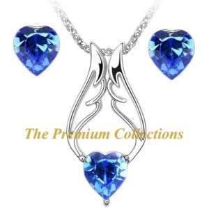 Swarovski Crystal Angel wing Necklace Earrings Set Blue  