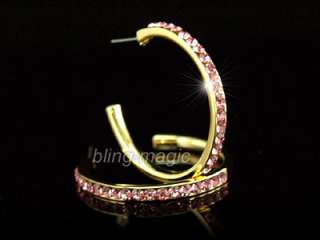 Gold Plat Pink Hoop Earrings w/ Swarovski Crystal SE001  