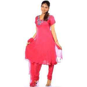   Choodidaar Flaired Suit with Embroidered Beadwork on Neck   Crepe Silk