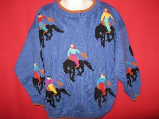   GIRLS 7/8 SWEATER ROYAL BLUE WITH HORSES AND RIDERS ORANGE TRIM  